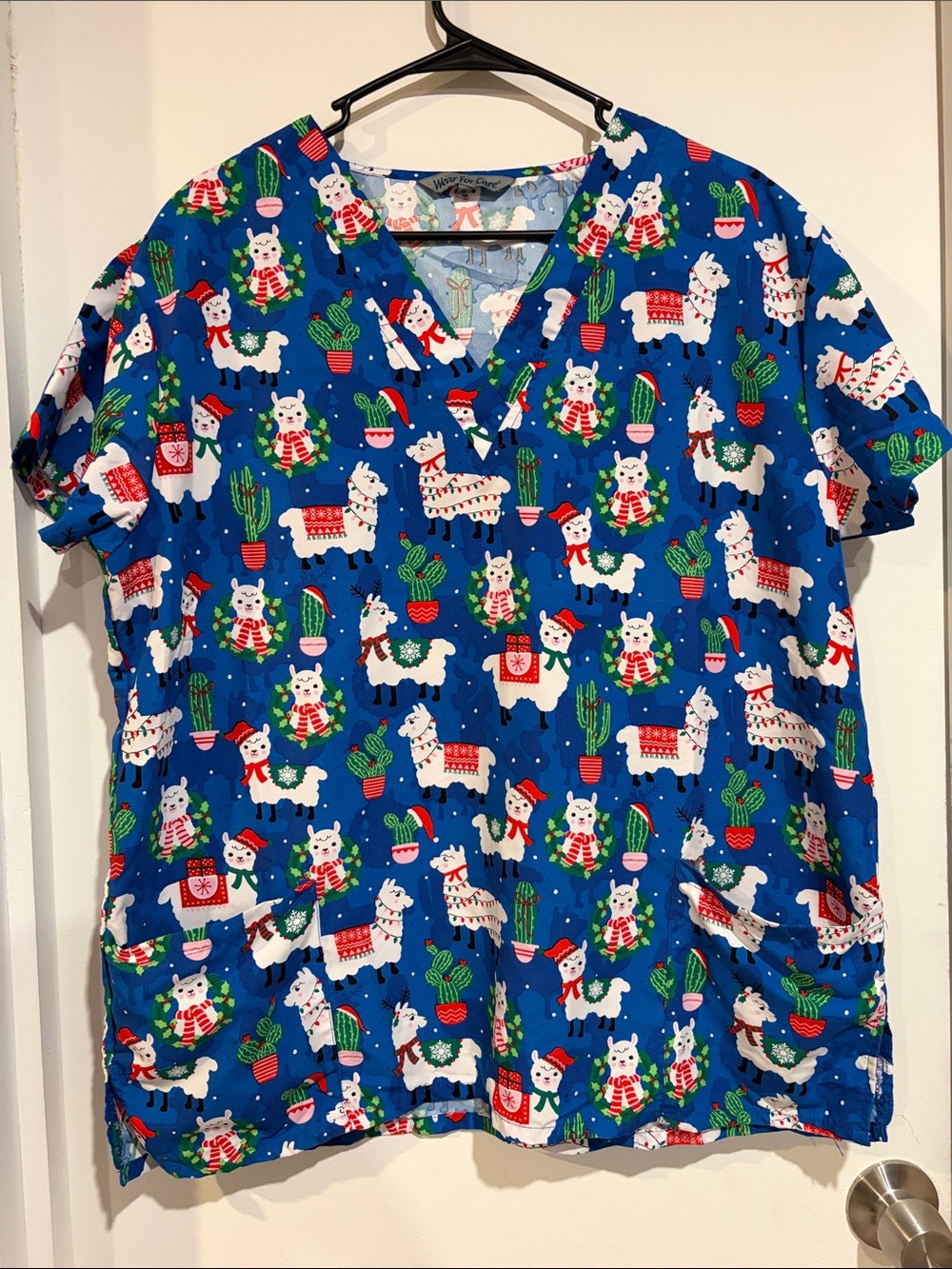 Women’s Blue Llama Print Scrub Top - Festive Pattern